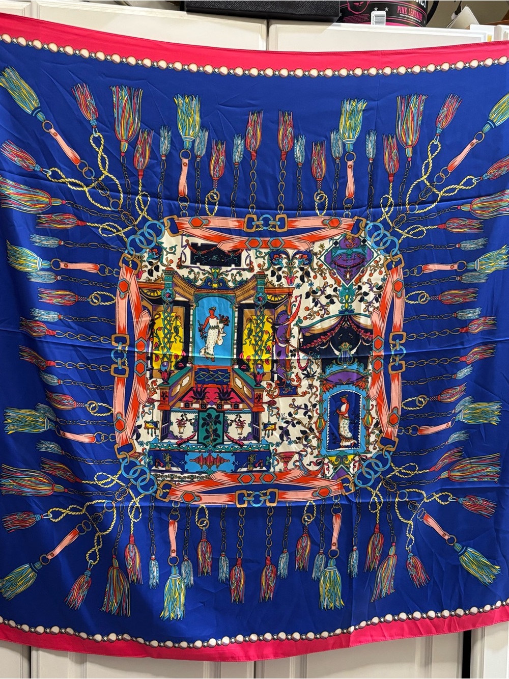 Royal Blue Multicolor Decorative Tassel 100% Silk Scarf- Unbranded 38”x39”